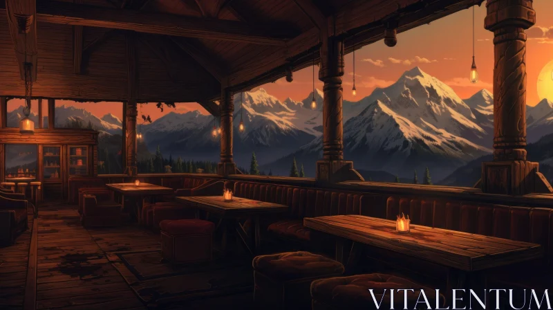 Cozy Tavern Interior in Mountainous Region AI Image