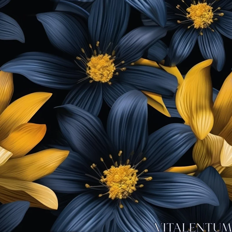 AI ART Dark Blue and Yellow Flowers Seamless Pattern