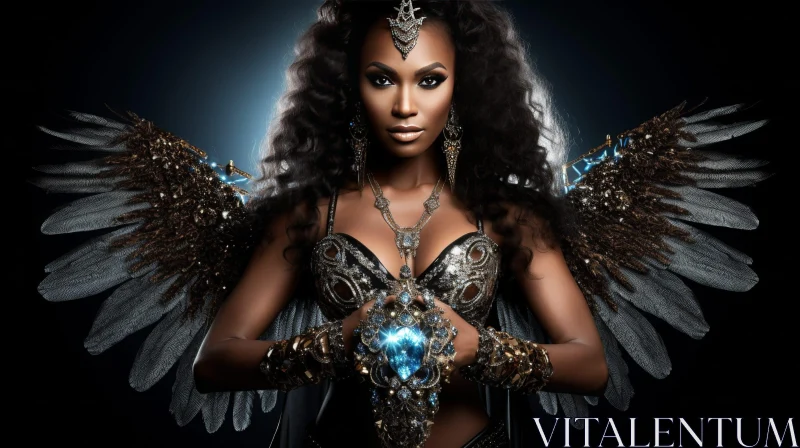 Dark-skinned Woman with Silver Wings and Blue Jewel AI Image