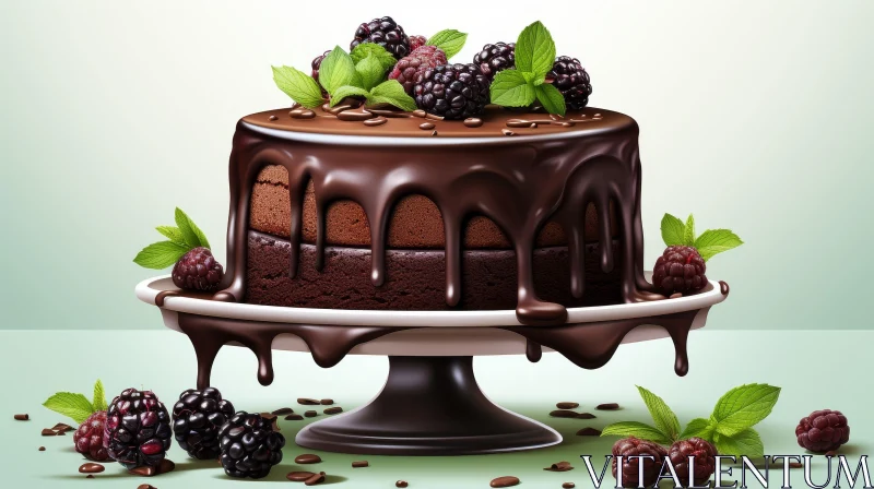 Delicious Chocolate Cake with Blackberries and Mint AI Image