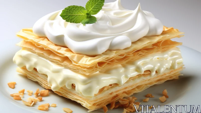 AI ART Delicious Puff Pastry Cake with Cream and Mint Leaf