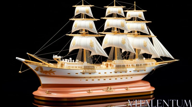 AI ART Golden 3D Tall Ship with White Sails on Wooden Base