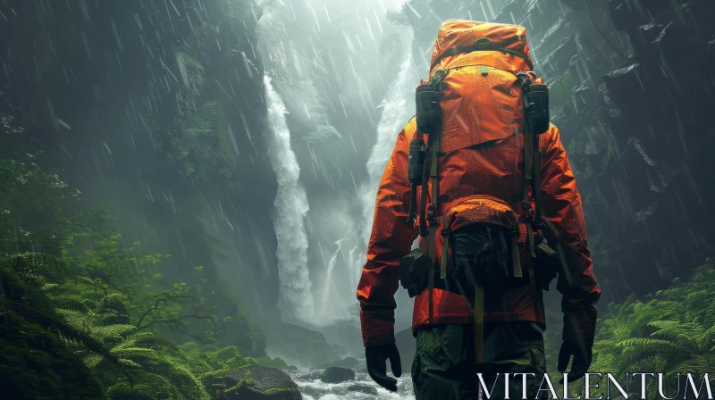 Man Standing in Front of Majestic Waterfall in Forest AI Image