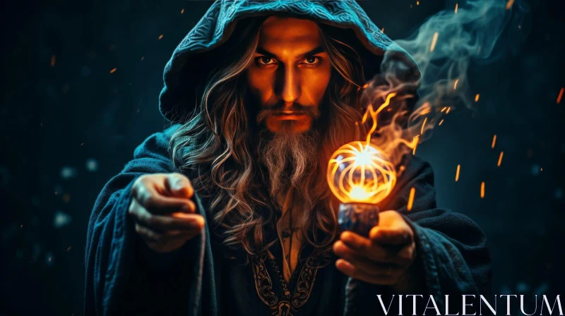 Mysterious Hooded Man with Fire Ball AI Image