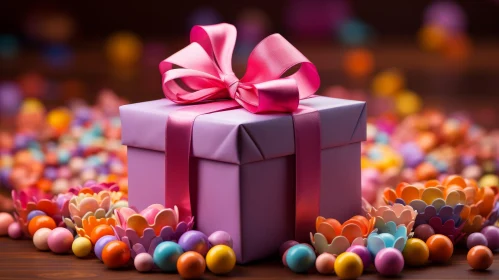 Pink Gift Box and Candy on Wooden Table