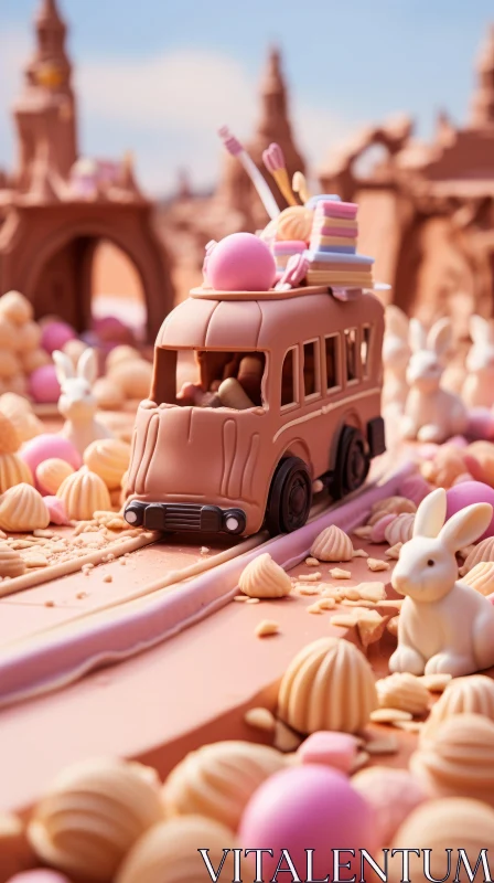 Playful Toy Buses and Rabbits: A Whimsical Desert Journey AI Image