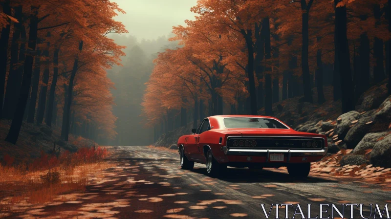 AI ART Red 1968 Dodge Charger in Fall Forest