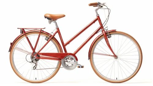 Red City Bike with Brown Saddle and Basket Leaning Against Wall