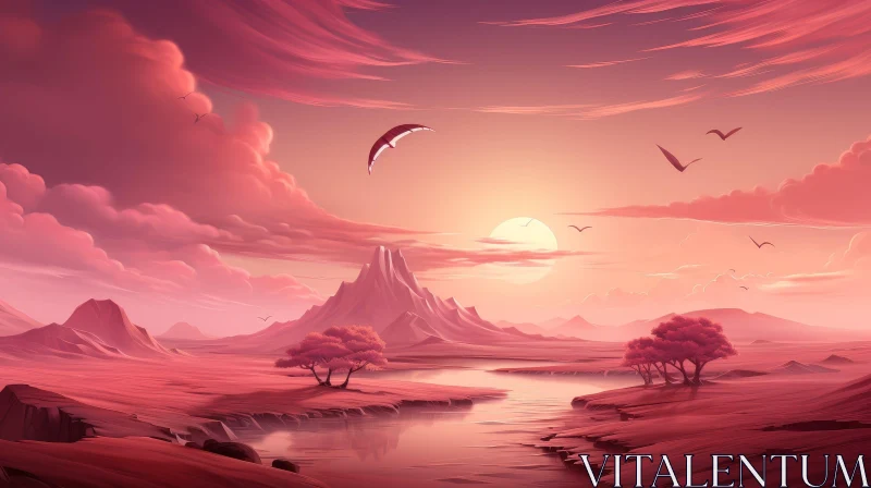 Tranquil Pink Sky Landscape with Mountains and River AI Image