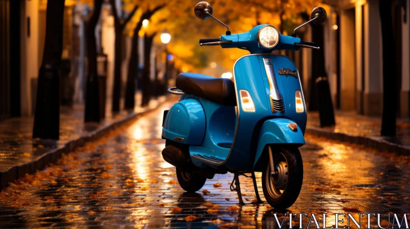 Vintage Blue Scooter on Wet Cobblestone Street AI Image