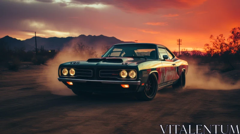 AI ART Vintage Muscle Car Driving at Sunset on Desert Road
