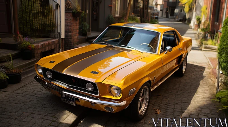 AI ART Vintage Yellow Ford Mustang on Brick Street
