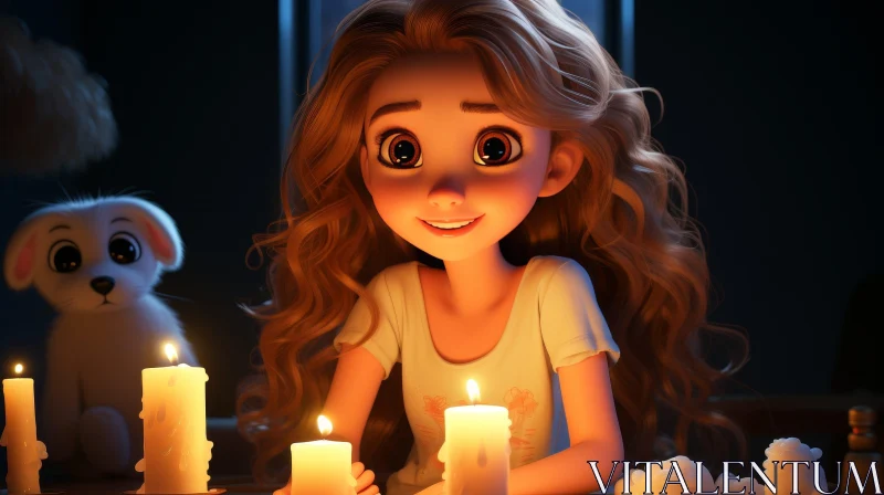 Young Girl 3D Rendering with Candle and Dog AI Image