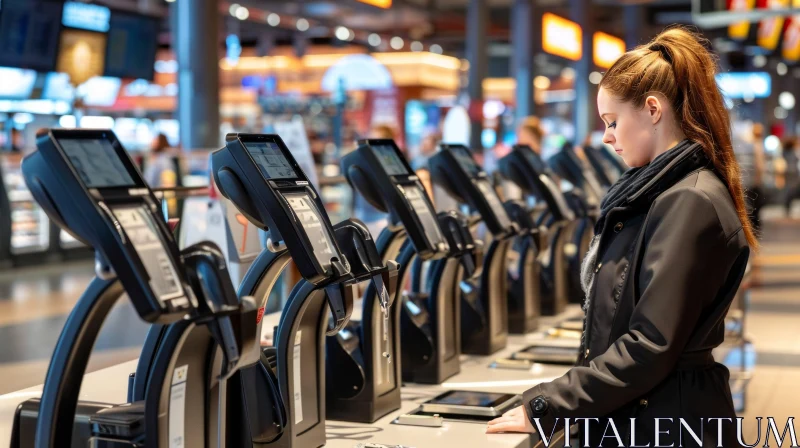 Young Woman Using Self-Checkout Machine in Grocery Store AI Image