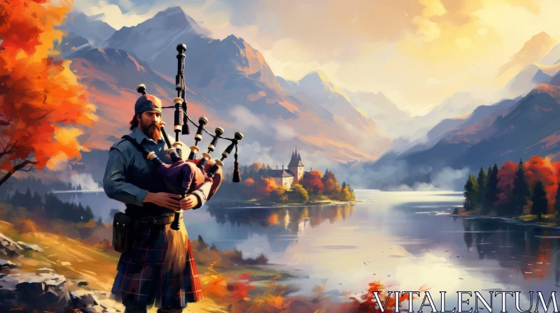 Bagpiper in Scottish Highlands | Romantic Landscape Image AI Image