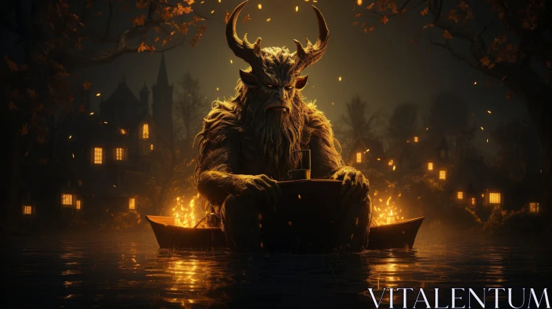 Dark Fantasy Illustration: Horned Creature in Boat on Lake AI Image