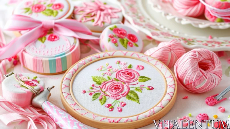 Delicate Pink and White Embroidery Supplies | Floral Embroidery Frames, Ribbons, and More AI Image