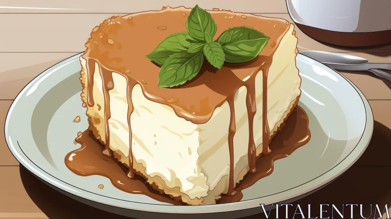 Delicious Cheesecake with Mint Leaf and Caramel Sauce AI Image