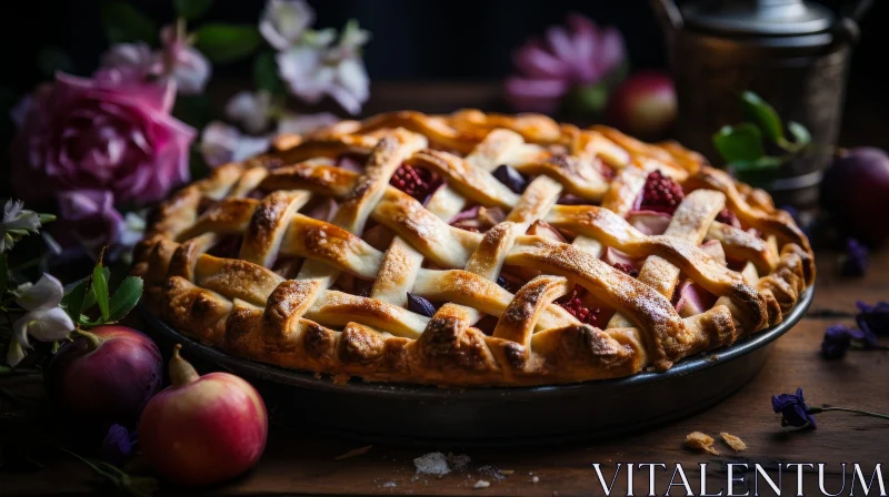 Delicious Pie with Lattice Crust and Flowers AI Image