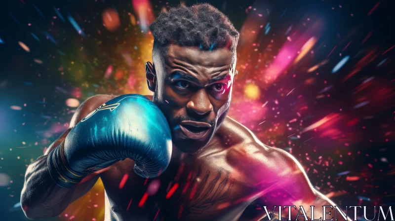 Determined African-American Male Boxer in Blue Gloves AI Image