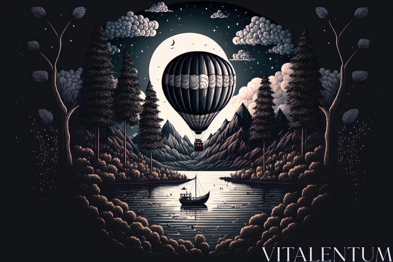 Hyper-Detailed Illustration of a Hot Air Balloon and Lake at Night AI Image
