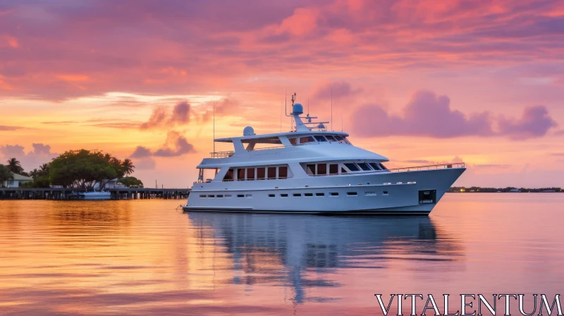 Luxurious White Yacht at Sunset in Calm Bay AI Image