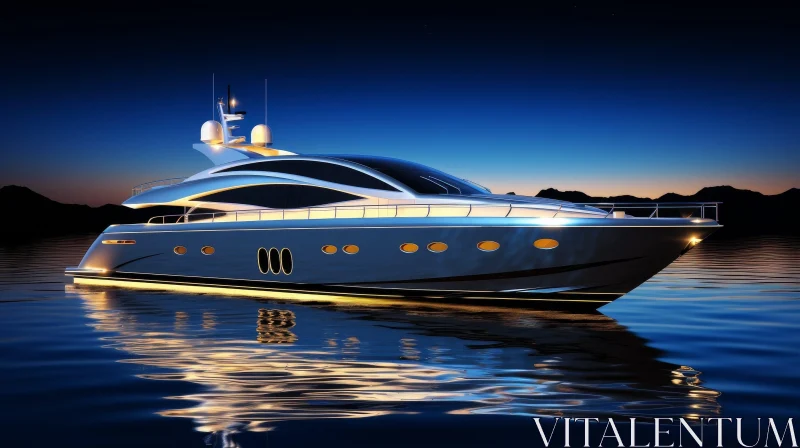 AI ART Luxury Yacht at Night with Stunning Sunset and Mountain Views