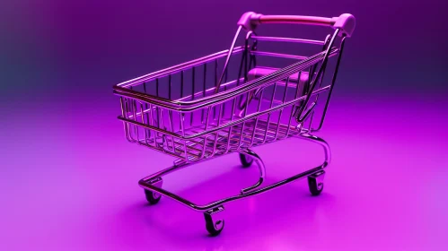 Minimalist 3D Rendering of Metal Shopping Cart on Purple Background