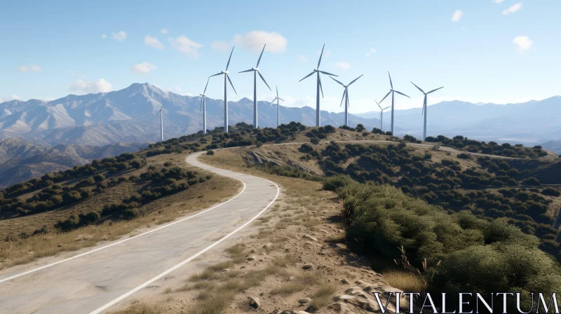Mountain Road Landscape with Wind Turbines AI Image