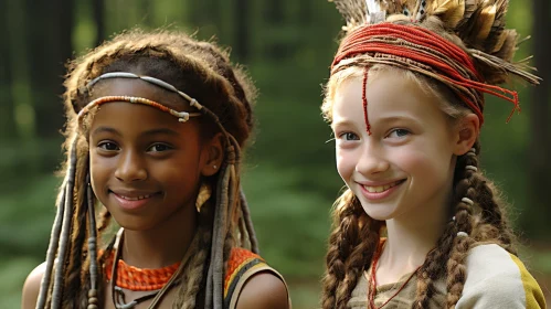 Native American Girls in Forest - Smiling Costumed Kids