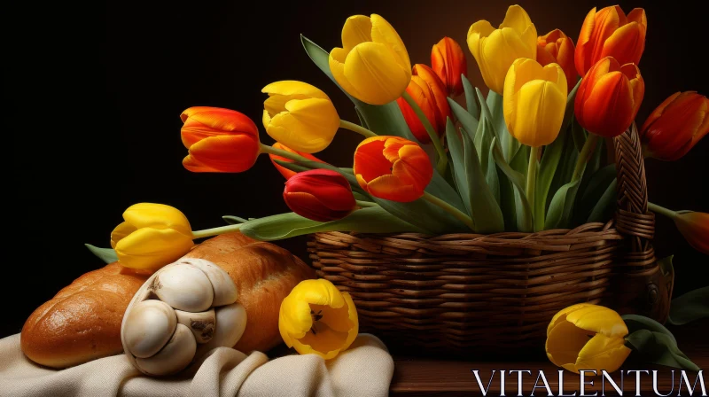 Photorealistic Still-life of Tulips and Bread AI Image