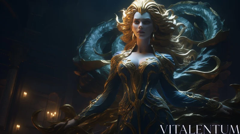 Powerful Woman in Blue and Gold - 3D Fantasy Art AI Image