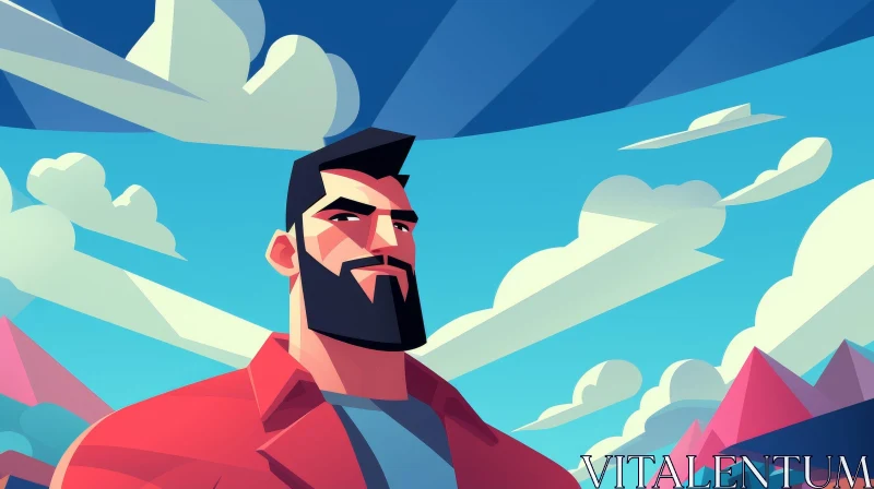 Serious Man Illustration with Beard and Red Shirt AI Image