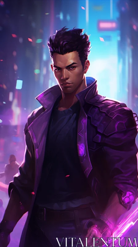 Serious Young Man Portrait in Purple Jacket AI Image