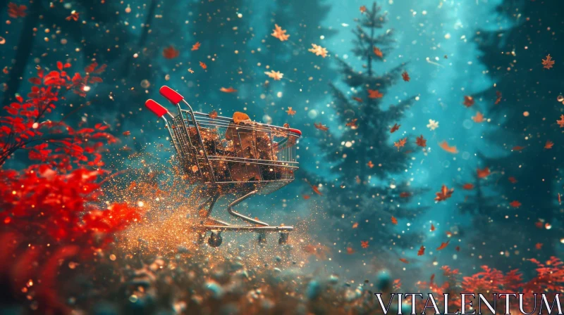 Surreal Autumn Leaves Shopping Cart - Whimsical Artwork AI Image