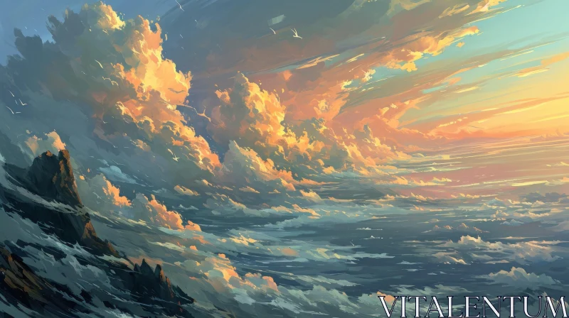 Tranquil Sunset Landscape Painting AI Image