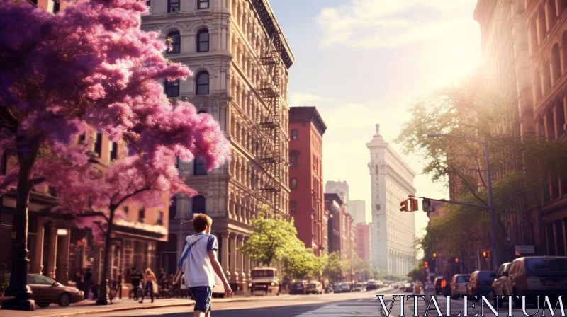 Tranquil Urban City Street Scene with Blooming Trees AI Image