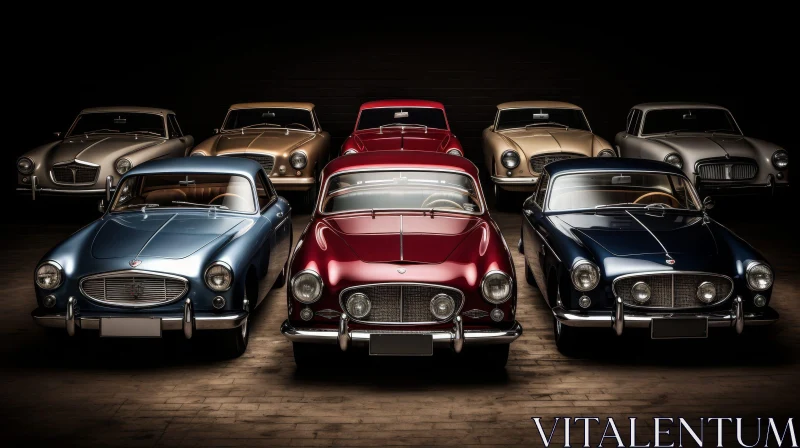 Vintage Cars in Garage - Colorful Row of Pristine Vehicles AI Image
