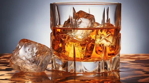 Whiskey Glass with Ice Cubes on Wooden Table
