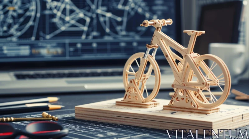Wooden Model Bicycle on Stand with Computer Monitor Blueprint AI Image