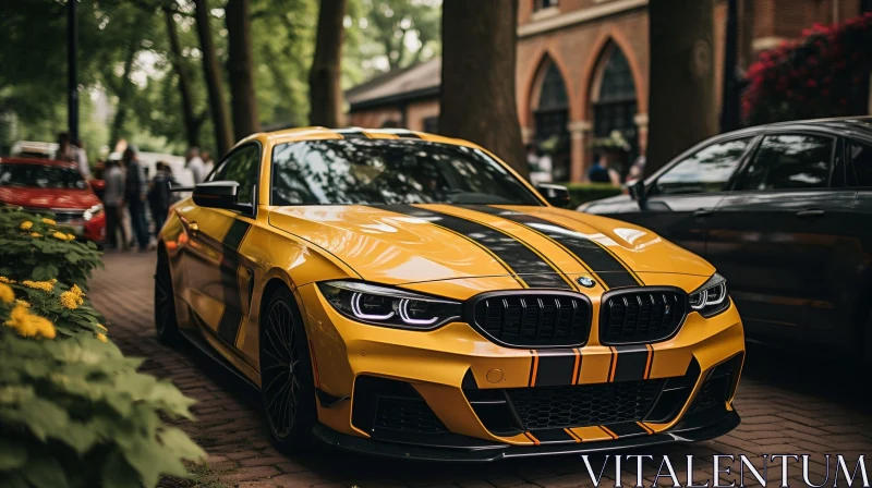 Yellow BMW M4 Parked on Brick Road AI Image