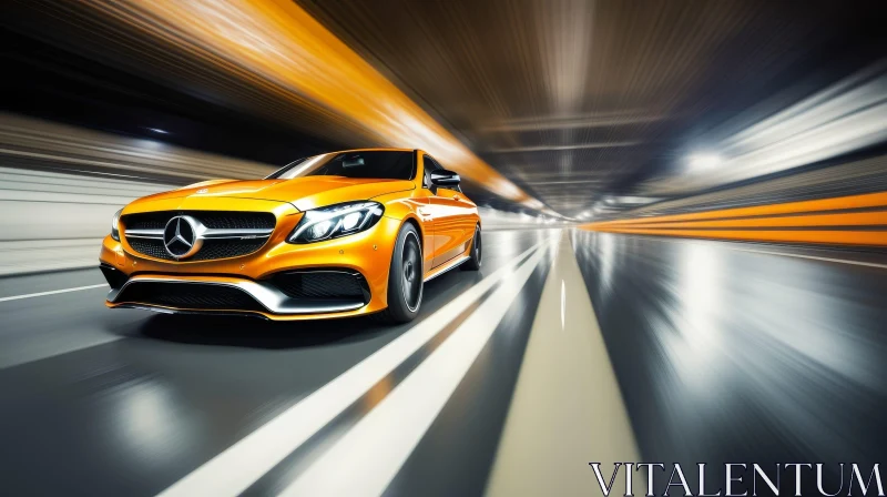 Yellow Mercedes-Benz C63 AMG Car Driving in Tunnel AI Image