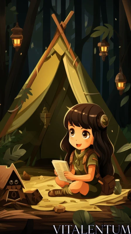Adorable Anime Girl Camping in Forest AI Image