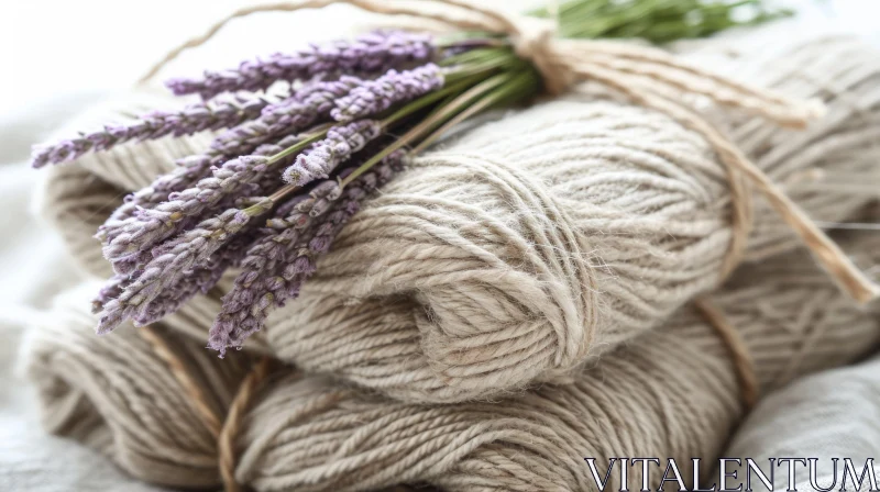Beige Yarn and Lavender Bouquet Close-Up | Tranquil Floral Composition AI Image