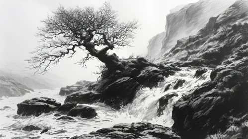 Black and White Pencil Drawing of a Twisted Tree on a Rocky Cliff