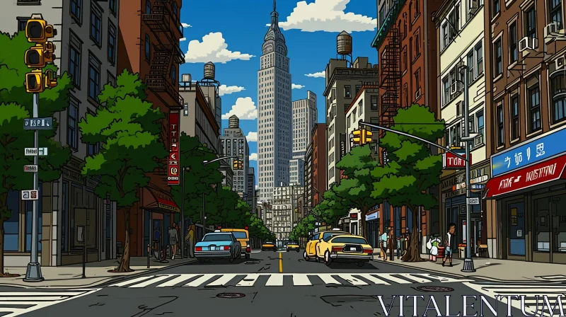Cityscape Cartoon: New York City Street with Graffiti AI Image