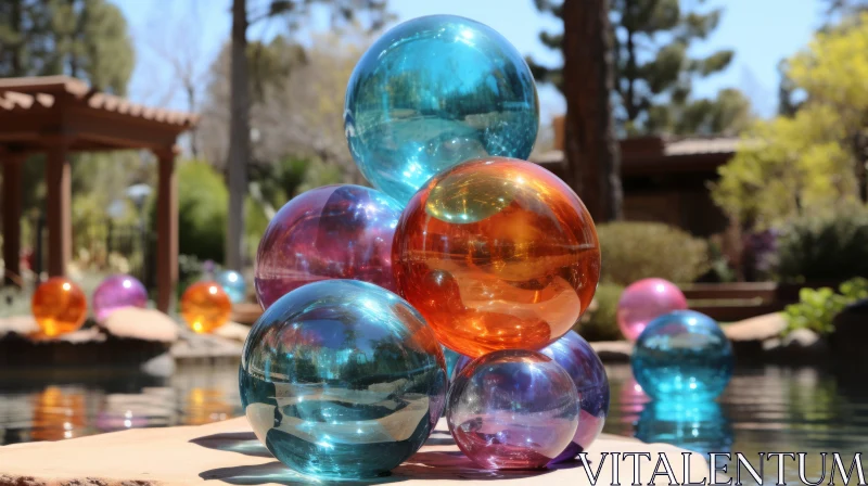 Colorful Blown Glass Balls on Water: An Impressionist Dreamscape AI Image