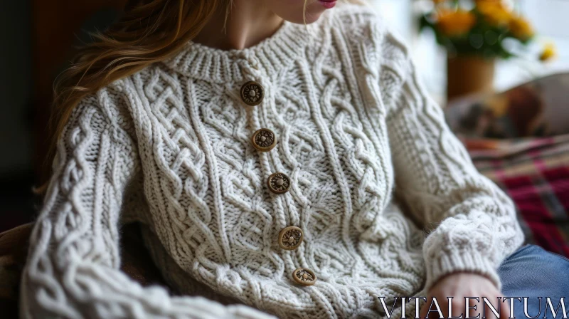 Cozy and Timeless: Young Woman in a White Hand-Knitted Sweater AI Image