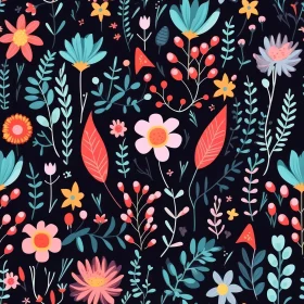 Dark Floral Seamless Pattern with Colorful Flowers and Berries