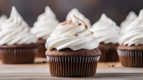 Delicious Chocolate Cupcake with White Icing on Wooden Table